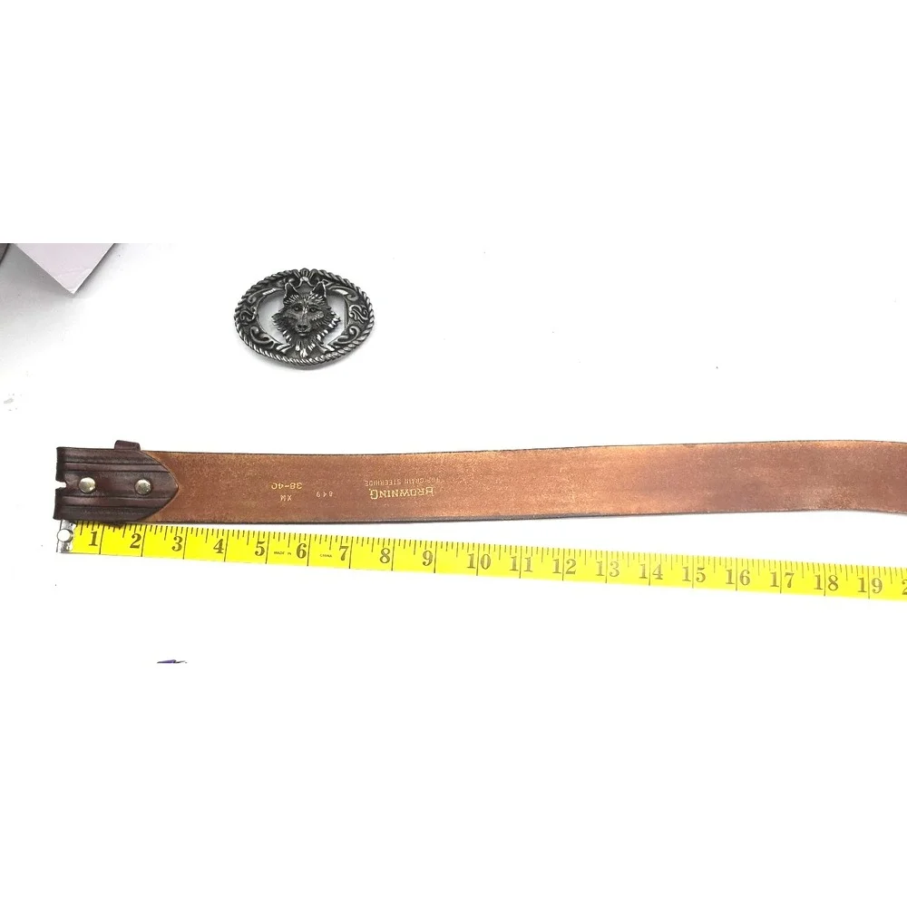 Browning Mens Belt Genuine‎ Full Grain Leather sz 38 With Wolf Head Buckle